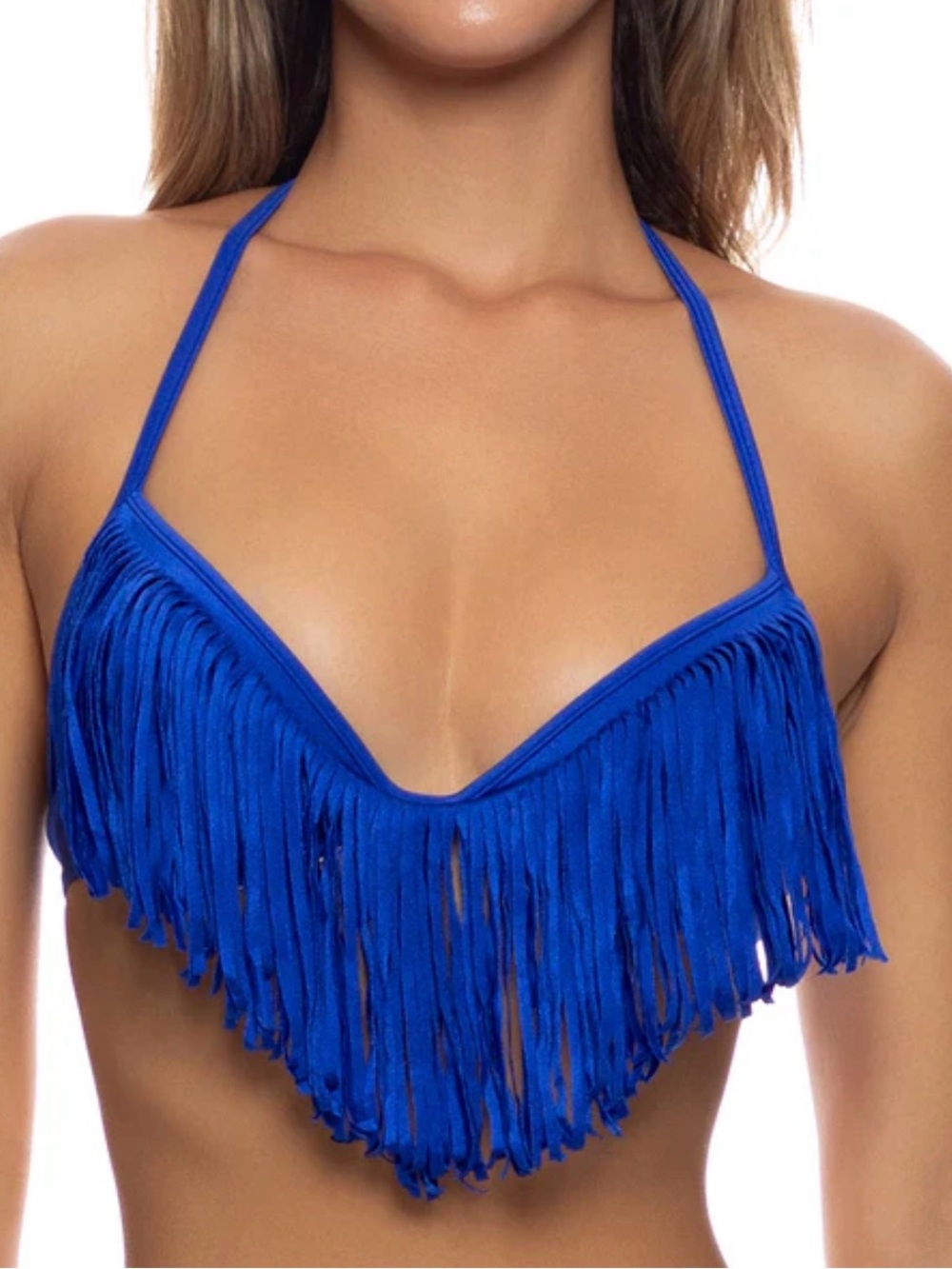 Luli Fama Electric Blue Fringe Plunge Push-up Bikini Top